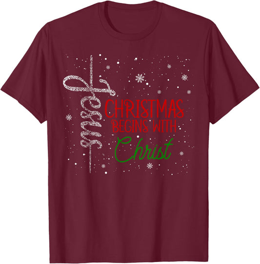 Christmas Begins With Christ, Christian Religious T-Shirt - T-Shirt | Maroon