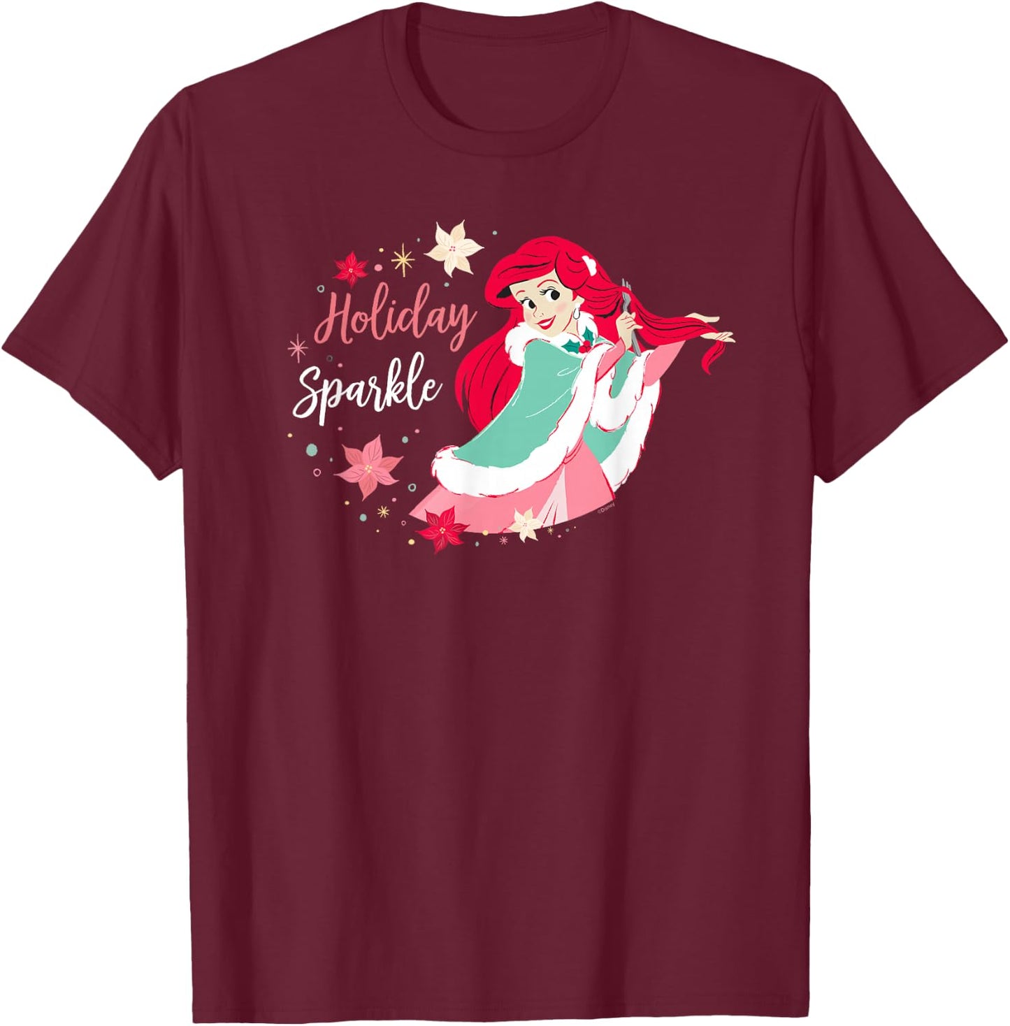 Disney Princess Ariel Mermaid Christmas Holiday Sparkle T-Shirt - T-Shirt | Maroon