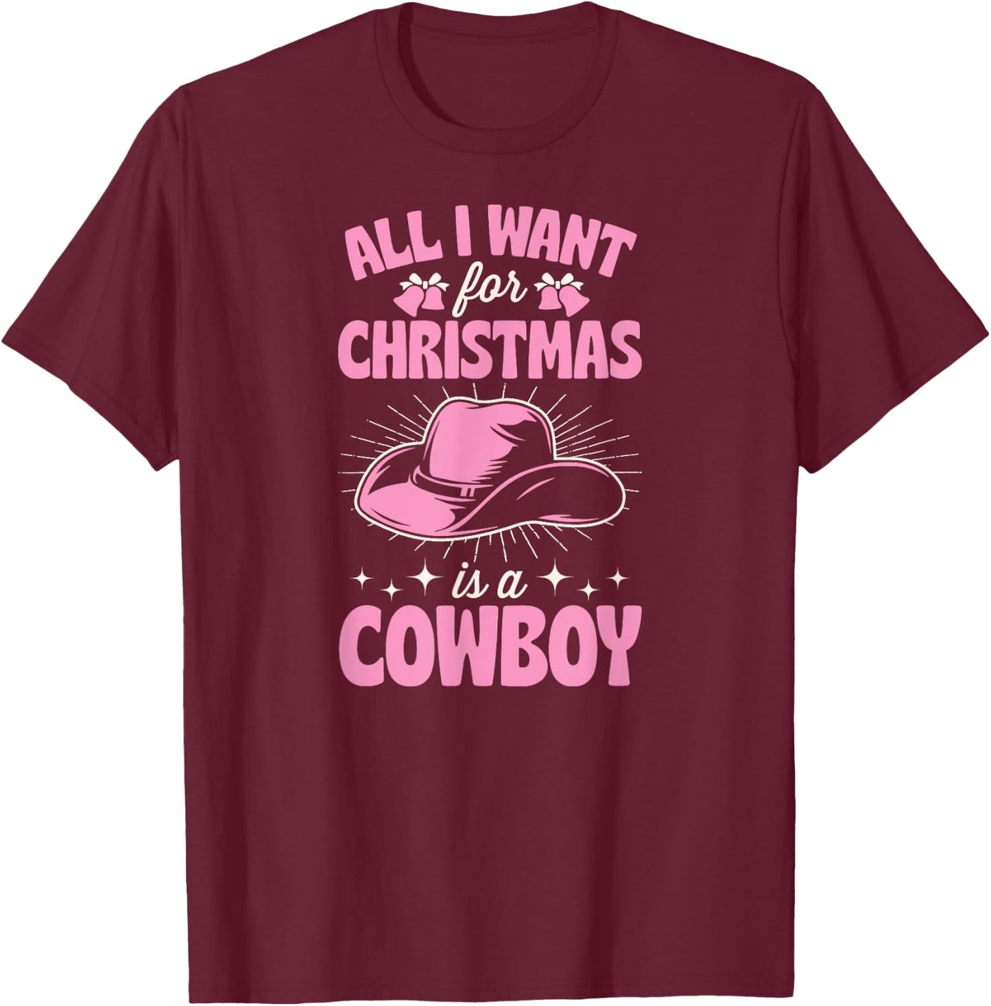 Cute Matching Family Merry Christmas Party Supply Women's 3X-Large Black Short Sleeve Cotton 60% Polyester 40% Holiday Themed Cowboy T-Shirt - T-Shirt | Maroon