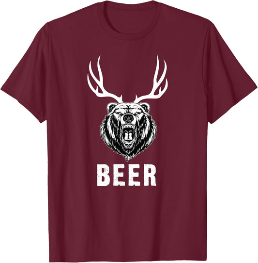 Bear Deer Funny Beer T-Shirt - T-Shirt | Maroon