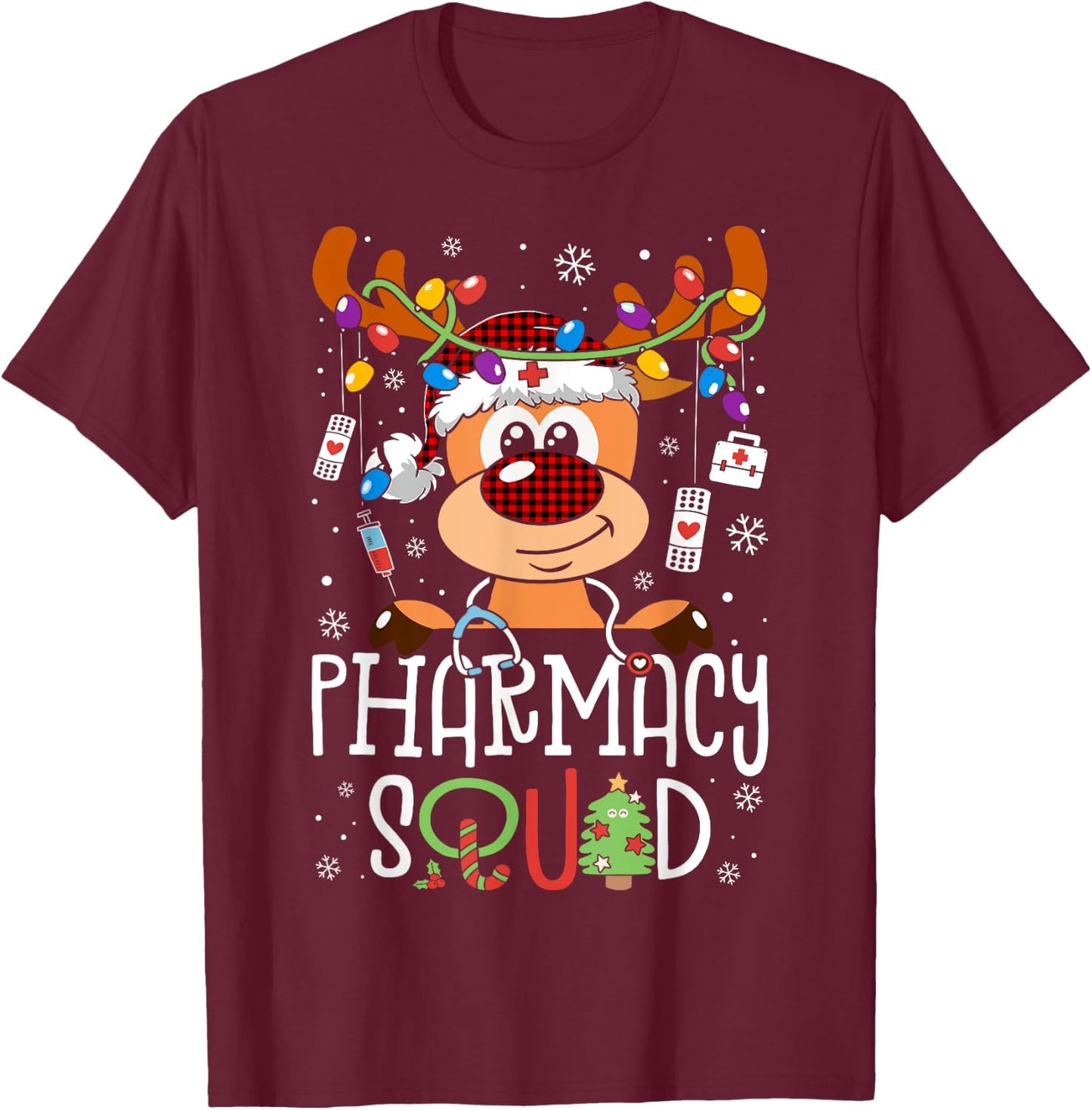 Reindeer Christmas Pharmacy Assistant Squad Stethoscope T-Shirt - T-Shirt | Maroon