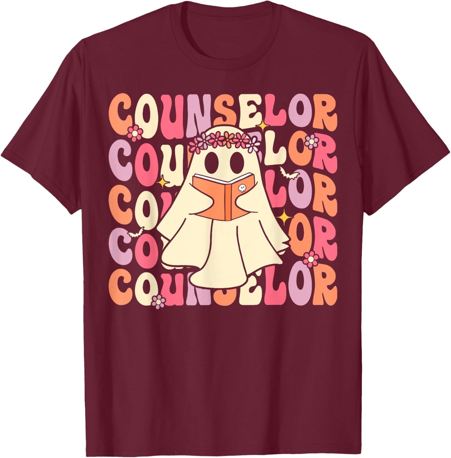 Groovy Halloween School Counselor Retro Ghost Counselor T-Shirt - T-Shirt | Maroon