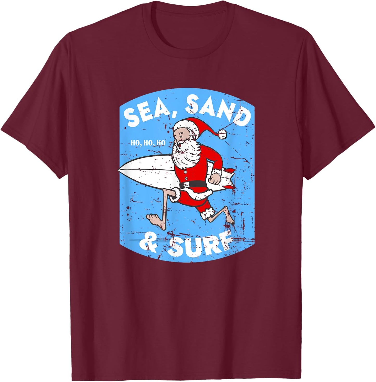 Surfing Santa - Christmas Surfboarding Santa Claus T-Shirt - T-Shirt | Maroon