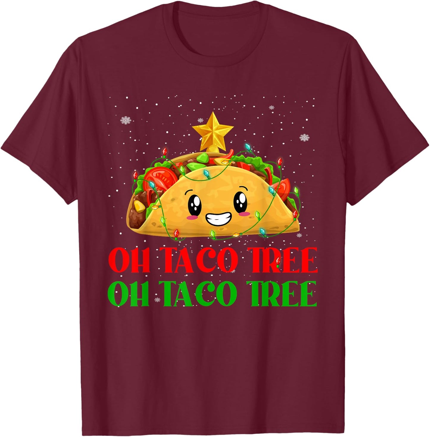 Funny Oh Taco Tree Mexican Tacos Christmas Tree Lights Xmas T-Shirt - T-Shirt | Maroon