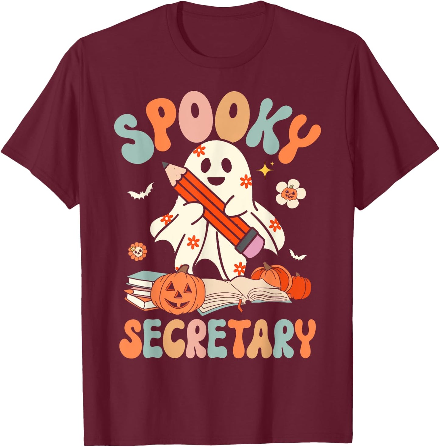Spooky School Secretary Groovy Halloween Floral Ghost T-Shirt - T-Shirt | Maroon