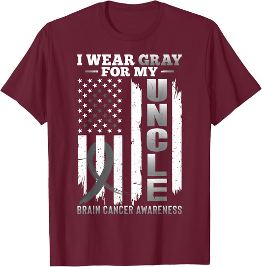 I Wear Gray for My Uncle - USA Flag Brain Cancer Awareness T-Shirt - T-Shirt | Maroon