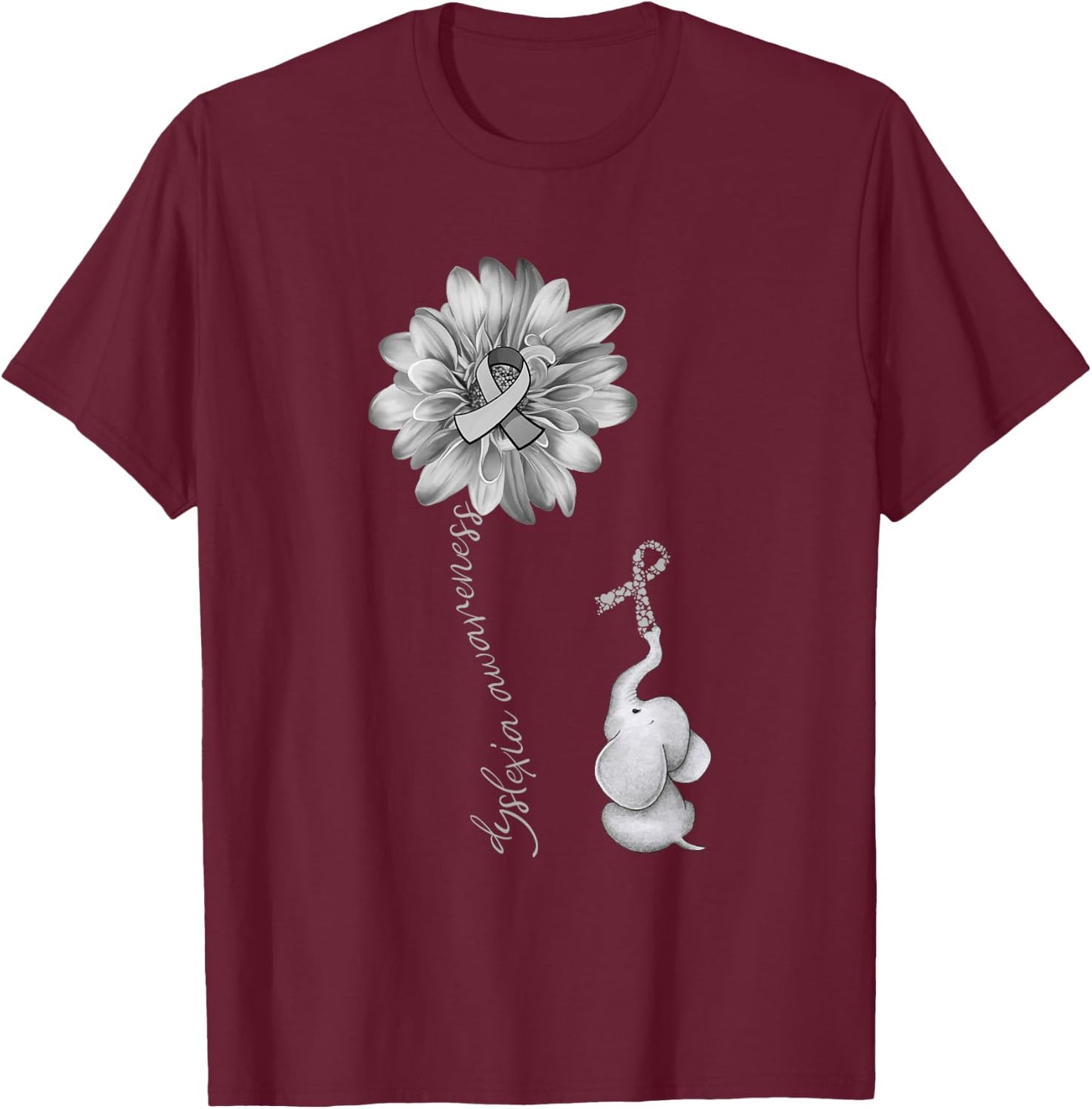 Elephant Sunflower Gray Ribbon Dyslexia Awareness T-Shirt - T-Shirt | Maroon