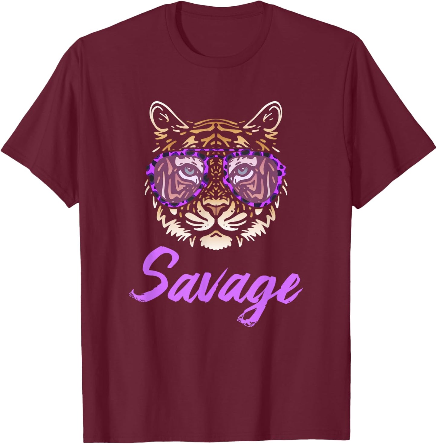 Savage Tiger Purple Leopard Print Sunglasses Funny Graphic T-Shirt - T-Shirt | Maroon