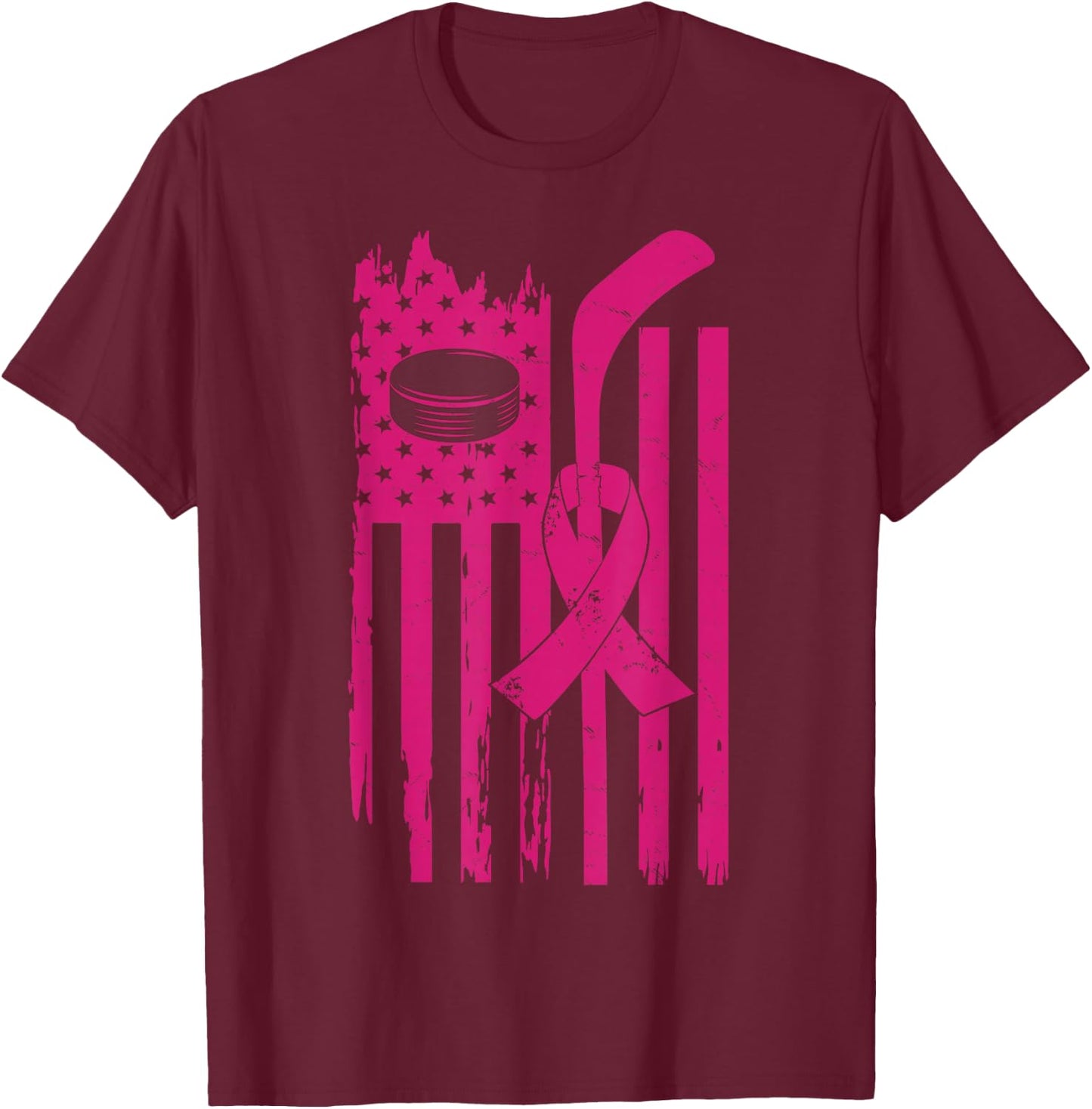 Hockey Pink Ribbon Breast Cancer Awareness Sport Lover T-Shirt - T-Shirt | Maroon