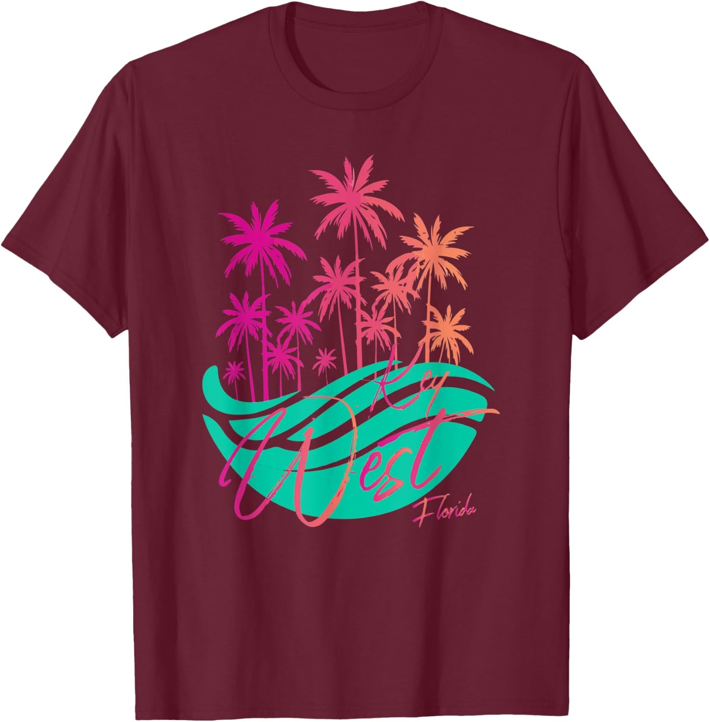 Retro Key West Florida Colorful Palm Trees And Ocean Waves T-Shirt - T-Shirt | Maroon