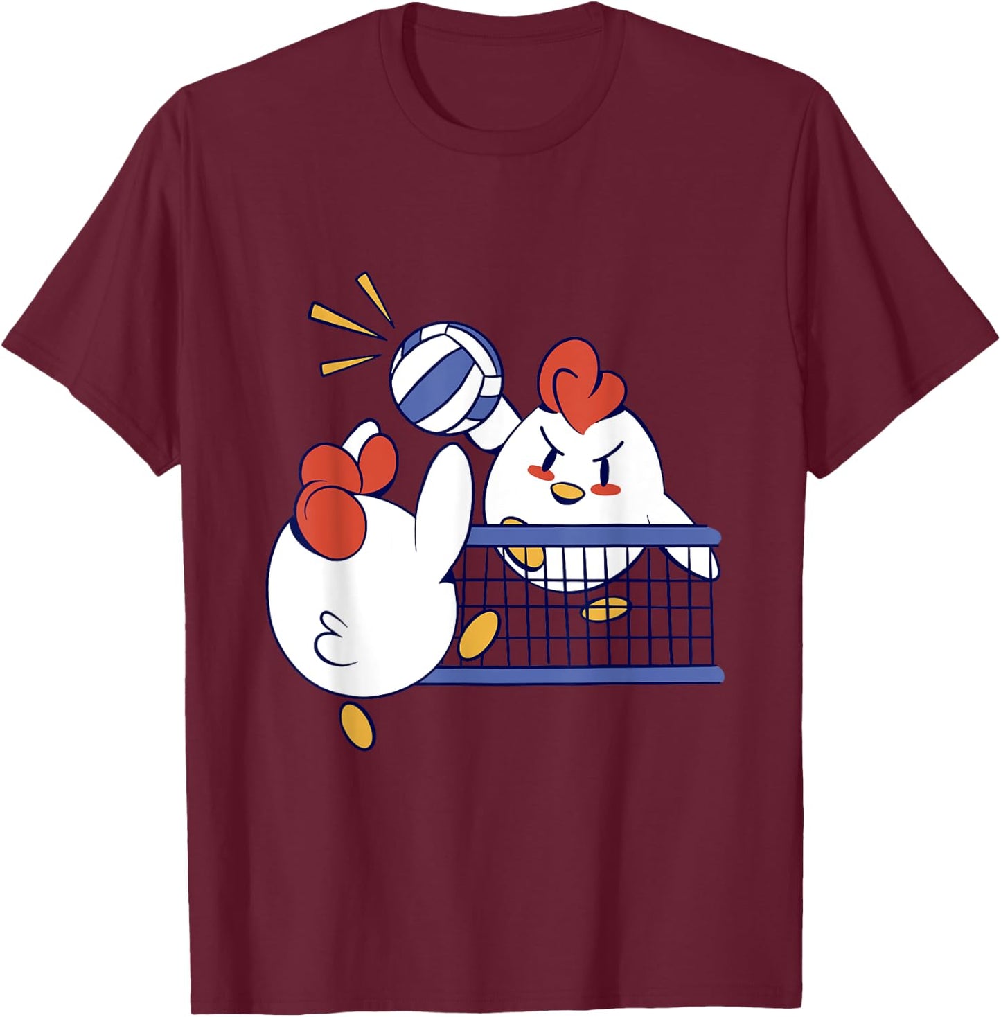 Roosters Playing Volleyball - Cute Chicken Volleyball T-Shirt - T-Shirt | Maroon