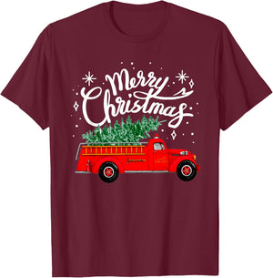 Funny Merry Christmas Fire Truck Xmas Tree Firefighter 2024 T-Shirt - T-Shirt | Maroon