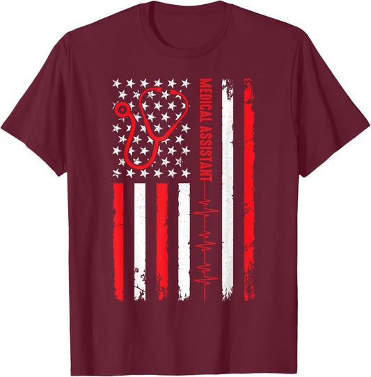 Patriotic Medical Assistant American Flag Nurse Heart T-Shirt - T-Shirt | Maroon