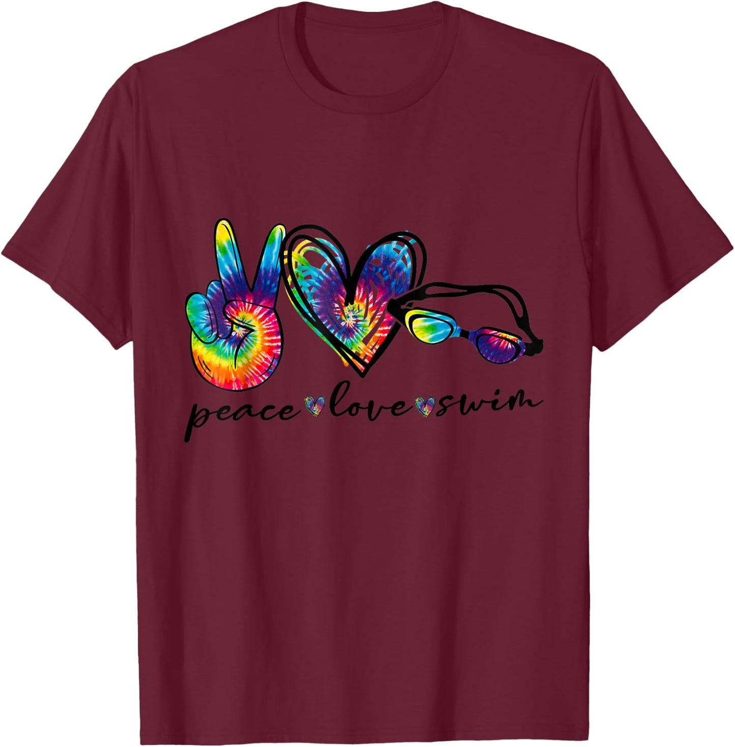 Peace Love Swim Goggles Tie Dye Swimmer Swimming T-Shirt - T-Shirt | Maroon