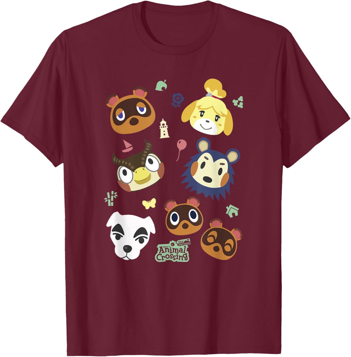 Animal Crossing Cute Pet Friends Nintendo Big Face Jumble T-Shirt - T-Shirt | Maroon