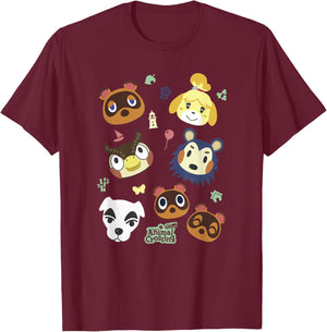 Animal Crossing Cute Pet Friends Nintendo Big Face Jumble T-Shirt - T-Shirt | Maroon