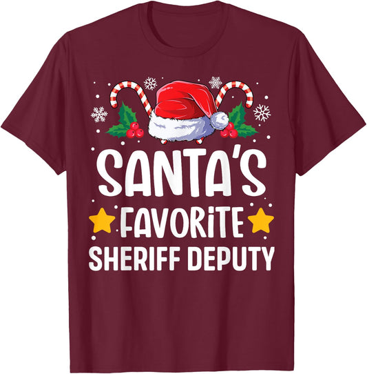 Santas Favorite Sheriff Deputy Christmas Matching Group Pj T-Shirt - T-Shirt | Maroon