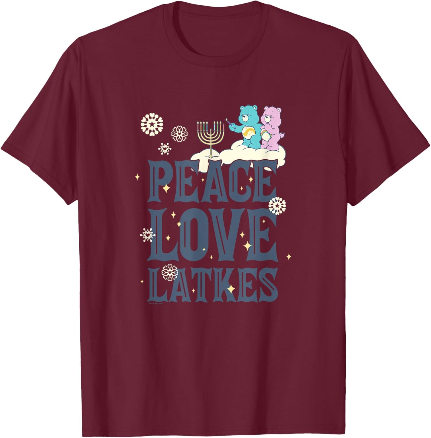 Care Bears Hanukkah Peace Love Latkes Snowflake Menorah Logo T-Shirt - T-Shirt | Maroon