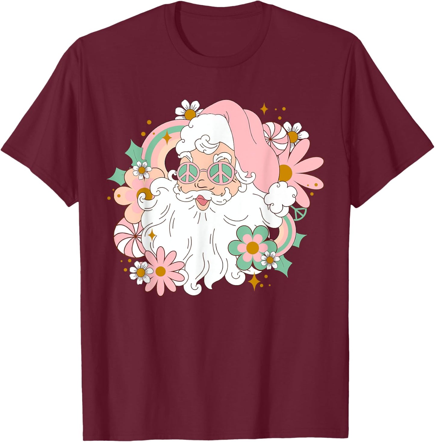 Groovy Santa Retro Peace 60's 70's Merry Christmas XMAS T-Shirt - T-Shirt | Maroon
