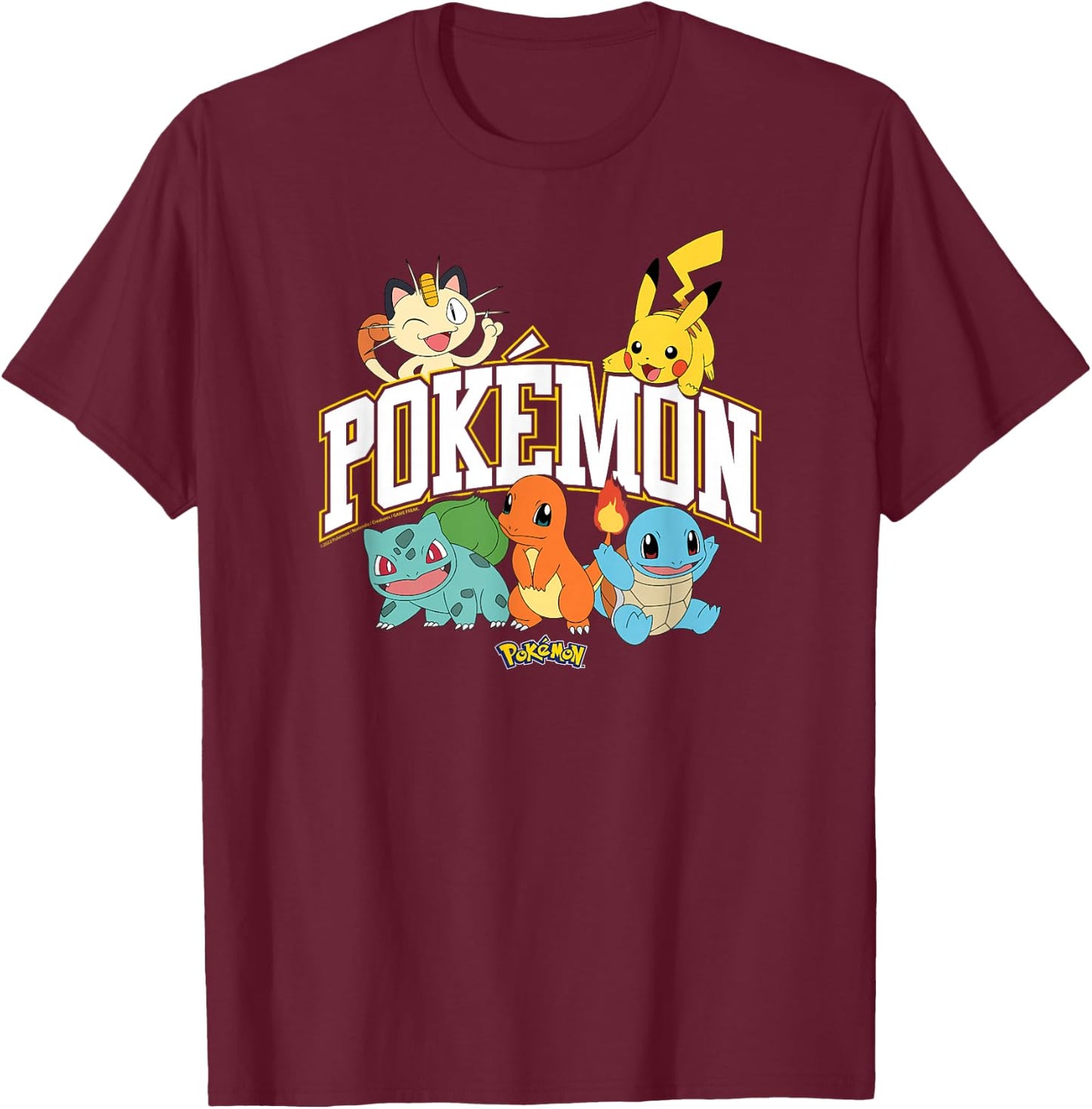 Pokémon - Pikachu Charmander Bulbasaur Squirtle Meowth T-Shirt - T-Shirt | Maroon