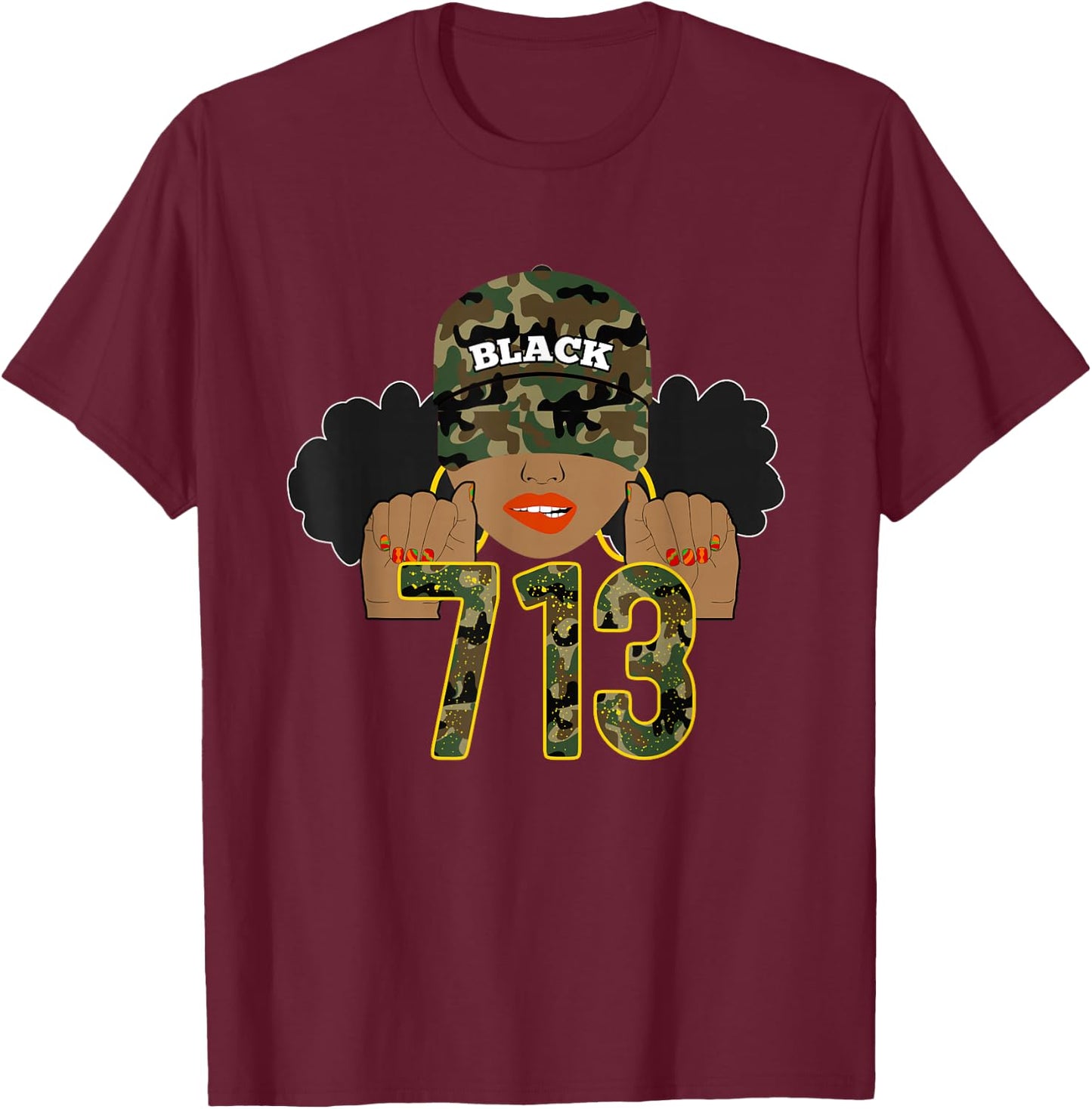 713 Houston Texas H-Town Area Code Black Woman T-Shirt - T-Shirt | Maroon