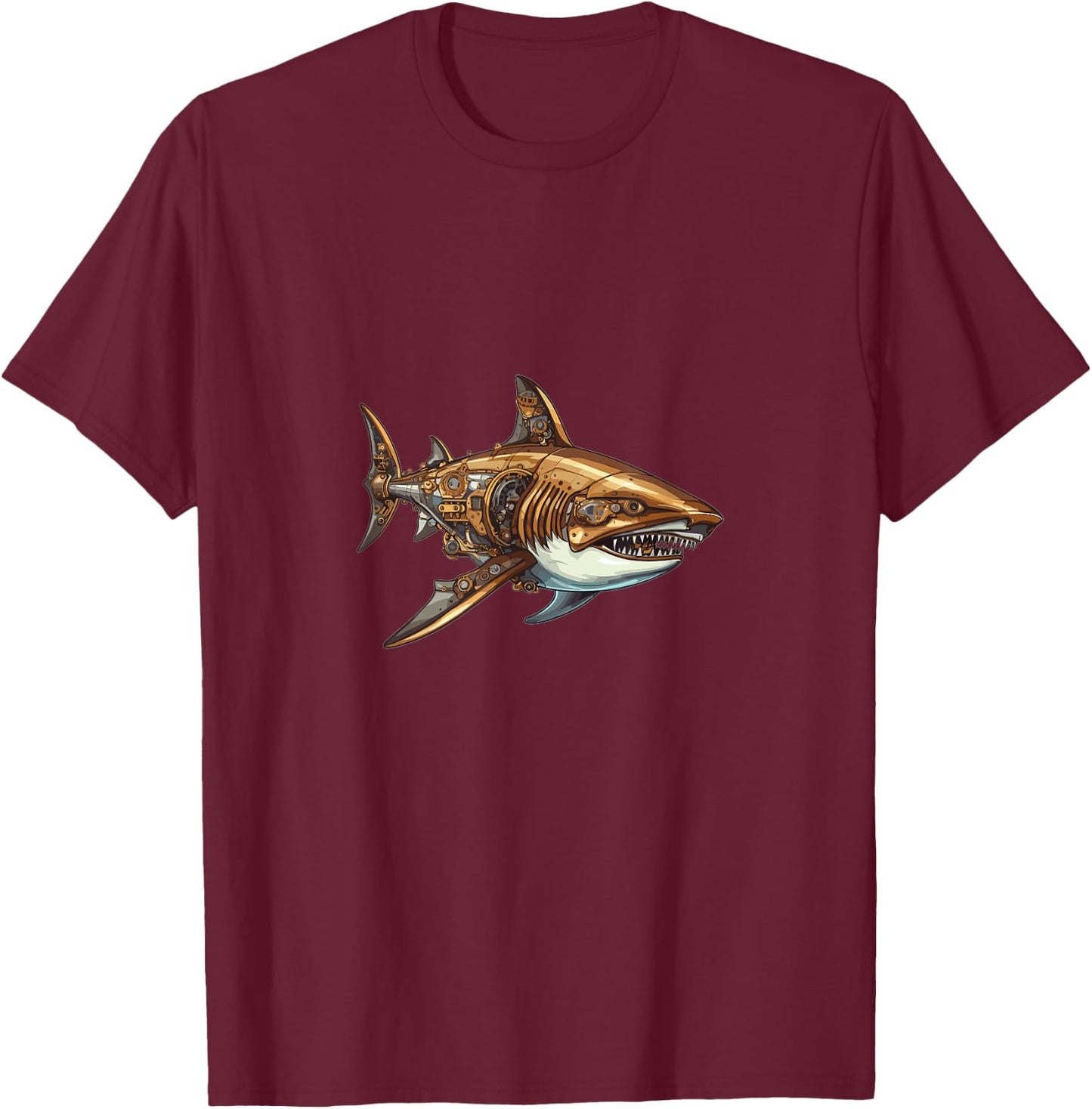 Mechanical Shark In Steampunk Style T-Shirt - T-Shirt | Maroon