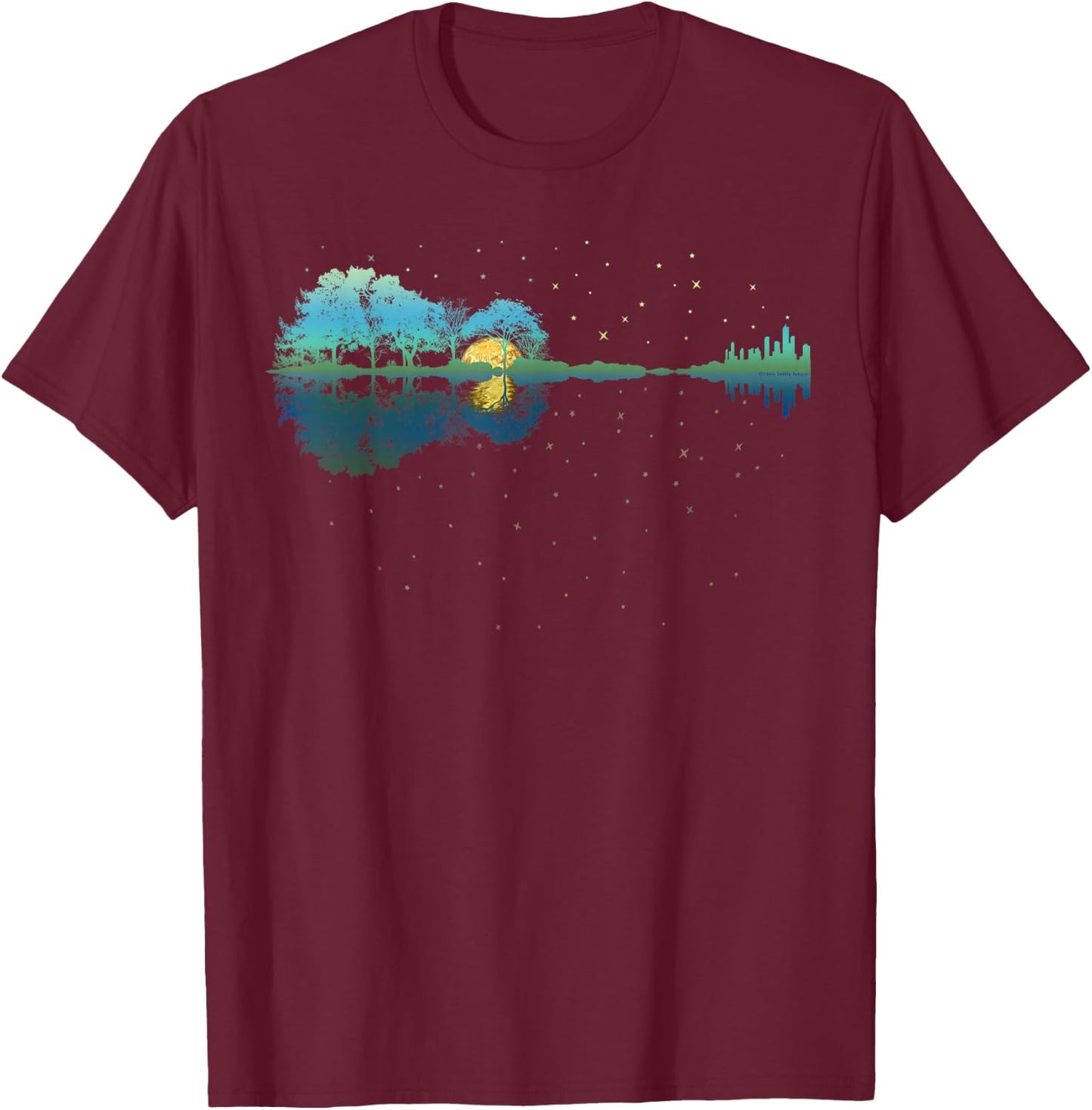 Guitar Lake Reflections Night Sky and Moon Guitar T-Shirt - T-Shirt | Maroon