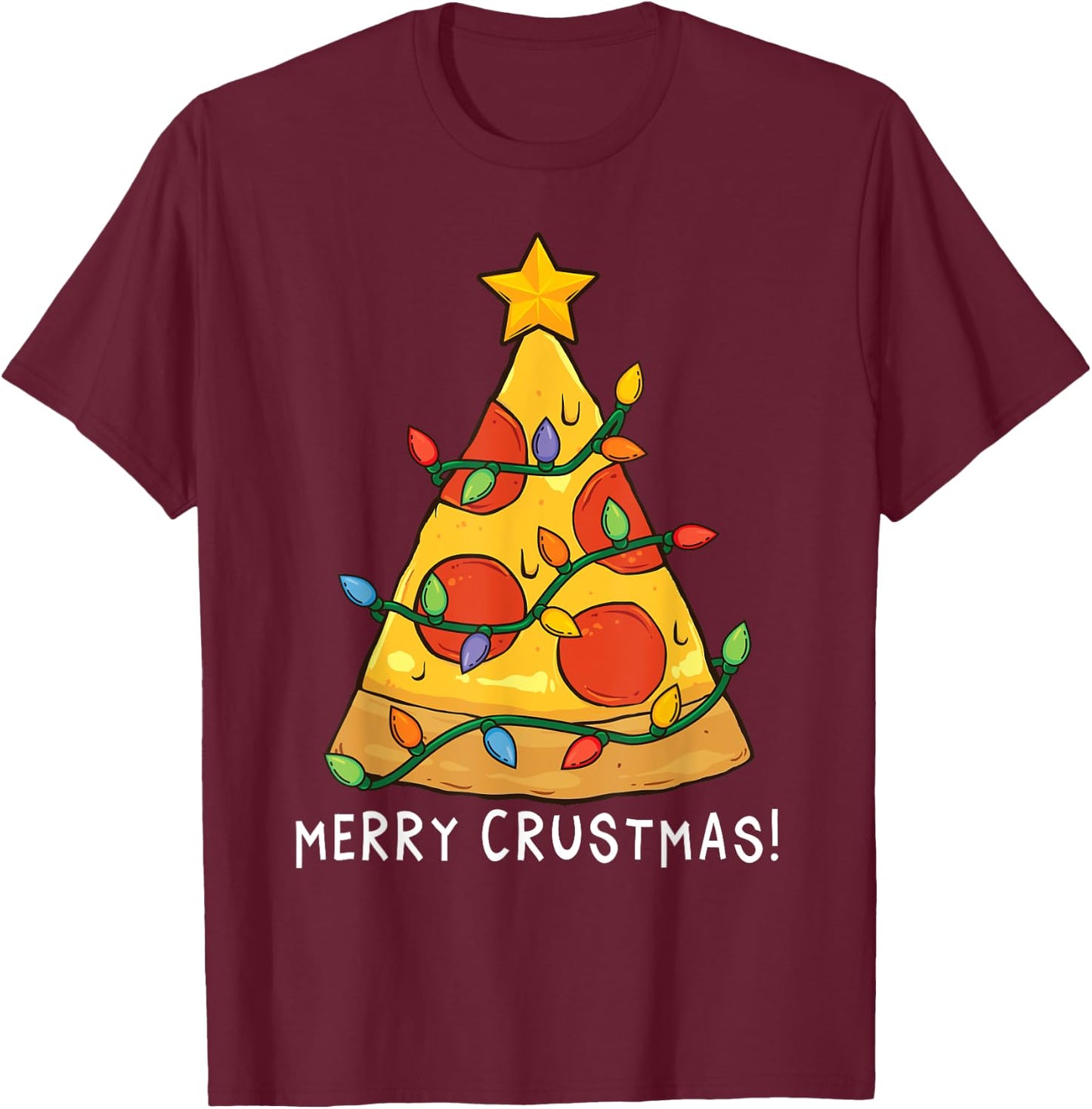 Funny Merry Crustmas Pizza on Earth Pizzamas Christmas Tree T-Shirt - T-Shirt | Maroon