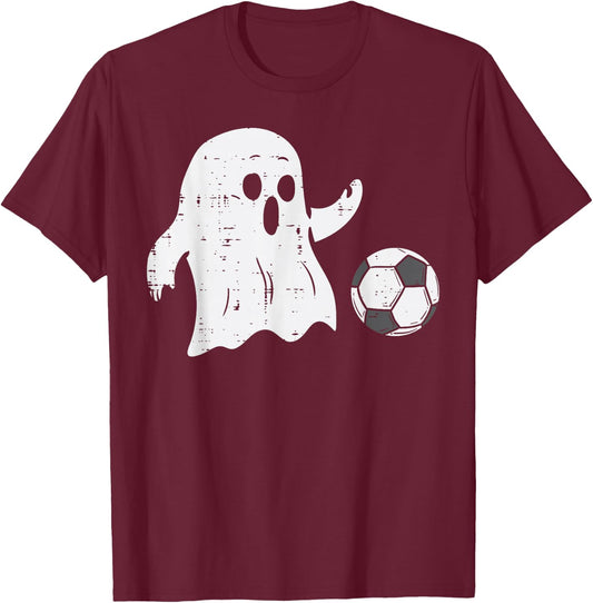 Ghost Playing Soccer Funny Football Halloween Costume Sports T-Shirt - T-Shirt | Maroon