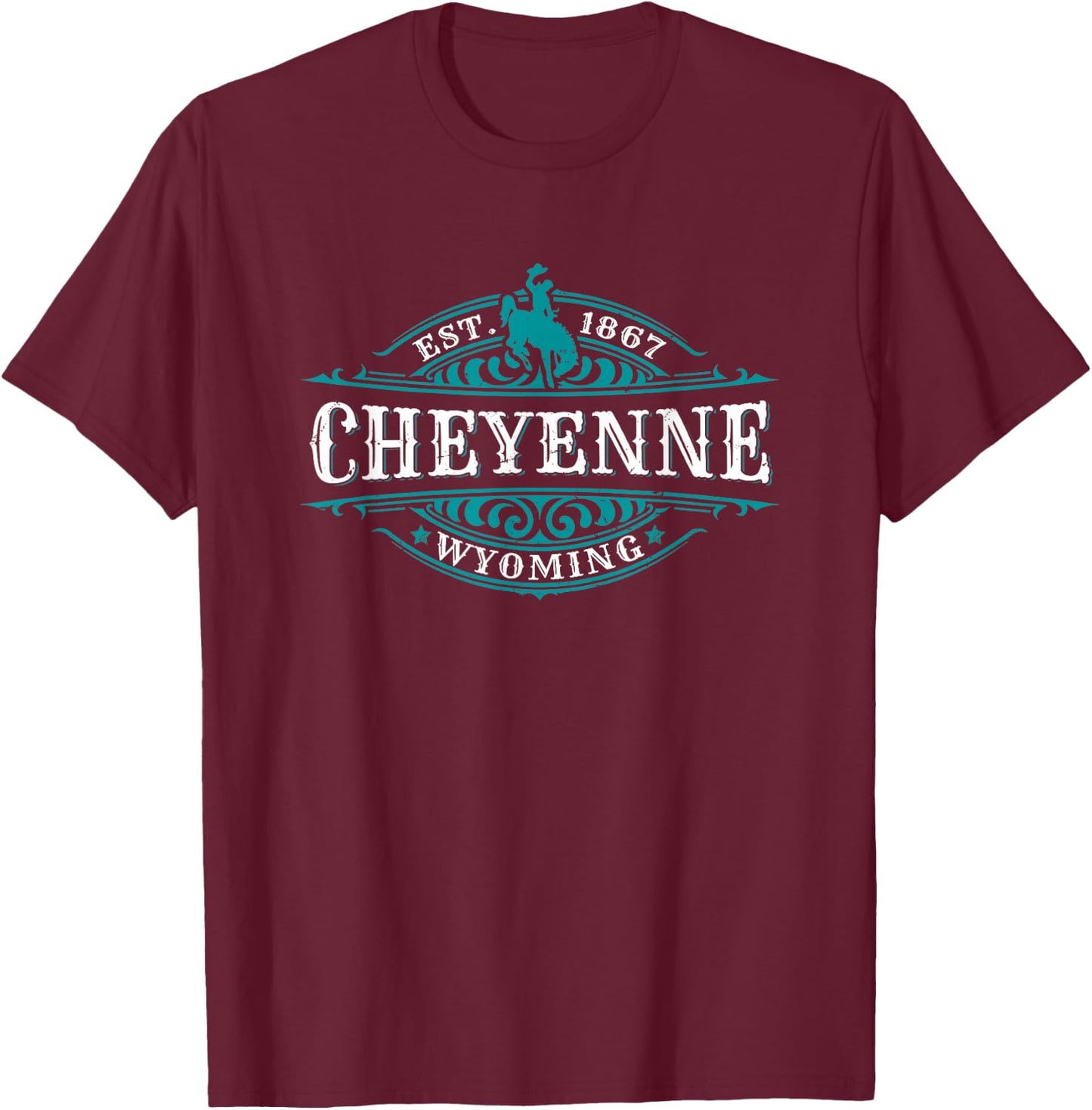 Cheyenne Wyoming Cowboy Western Design Novelty Souvenir T-Shirt - T-Shirt | Maroon