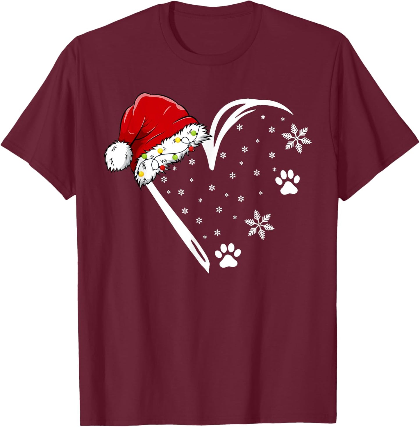 Dog Paw Print Heart Santa Hat Christmas Lights Animal Lover Women Kids T-Shirt - T-Shirt | Maroon