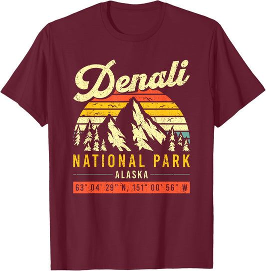 Denali Vintage Retro Coordinate Alaska National Park T-Shirt - T-Shirt | Maroon