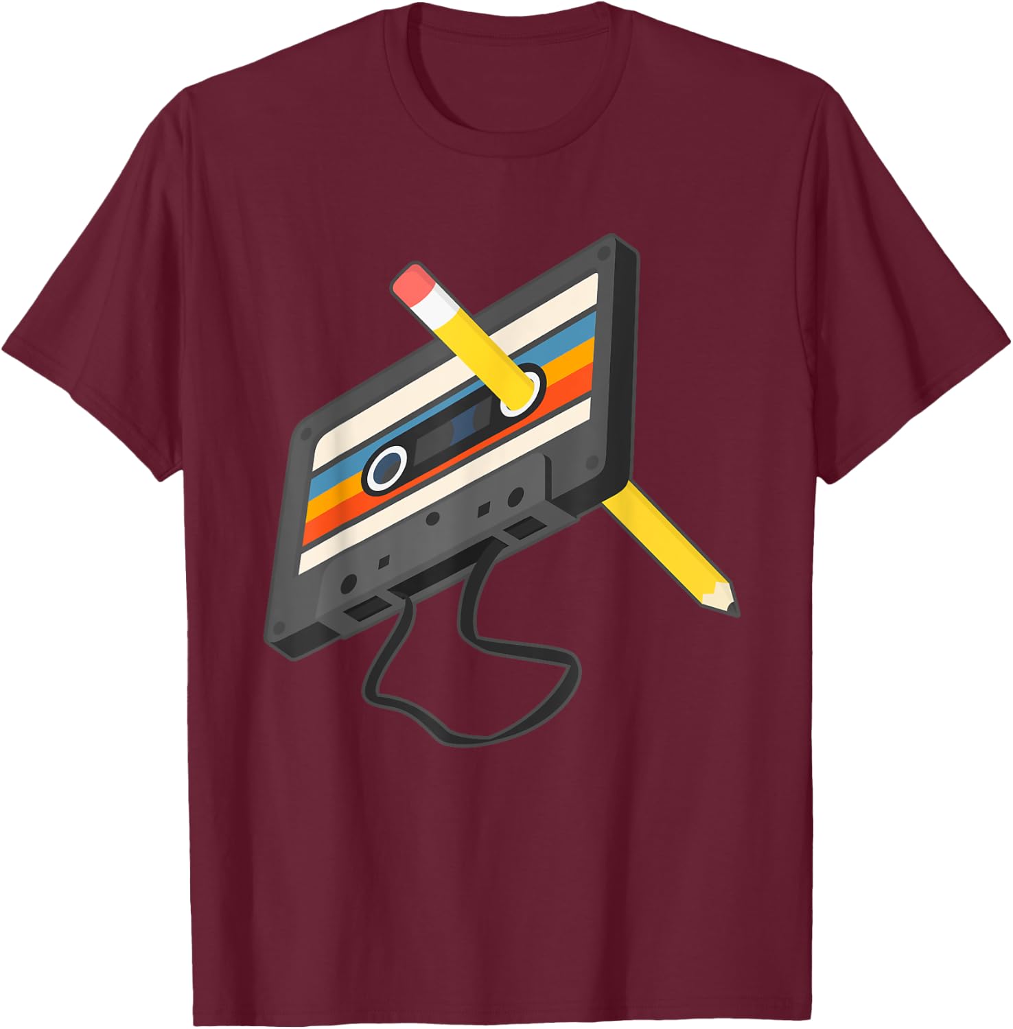 Retro Cassette Tape Pencil 70's 80's 90's Music Mixtape T-Shirt - T-Shirt | Maroon