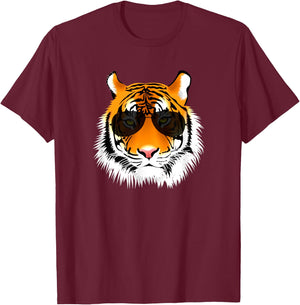 Tiger Design Co Cool Cat Tiger Sunglasses - Adults, Black, Short Sleeve, Size S T-Shirt - T-Shirt | Maroon