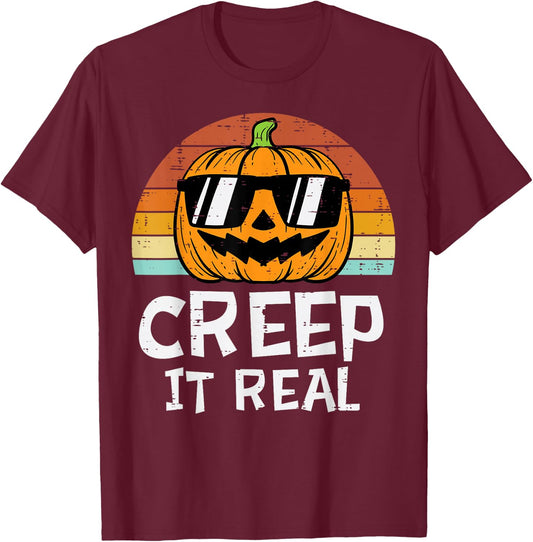 Creep It Real Cool Pumpkin Retro Halloween Costume Men Boys T-Shirt - T-Shirt | Maroon