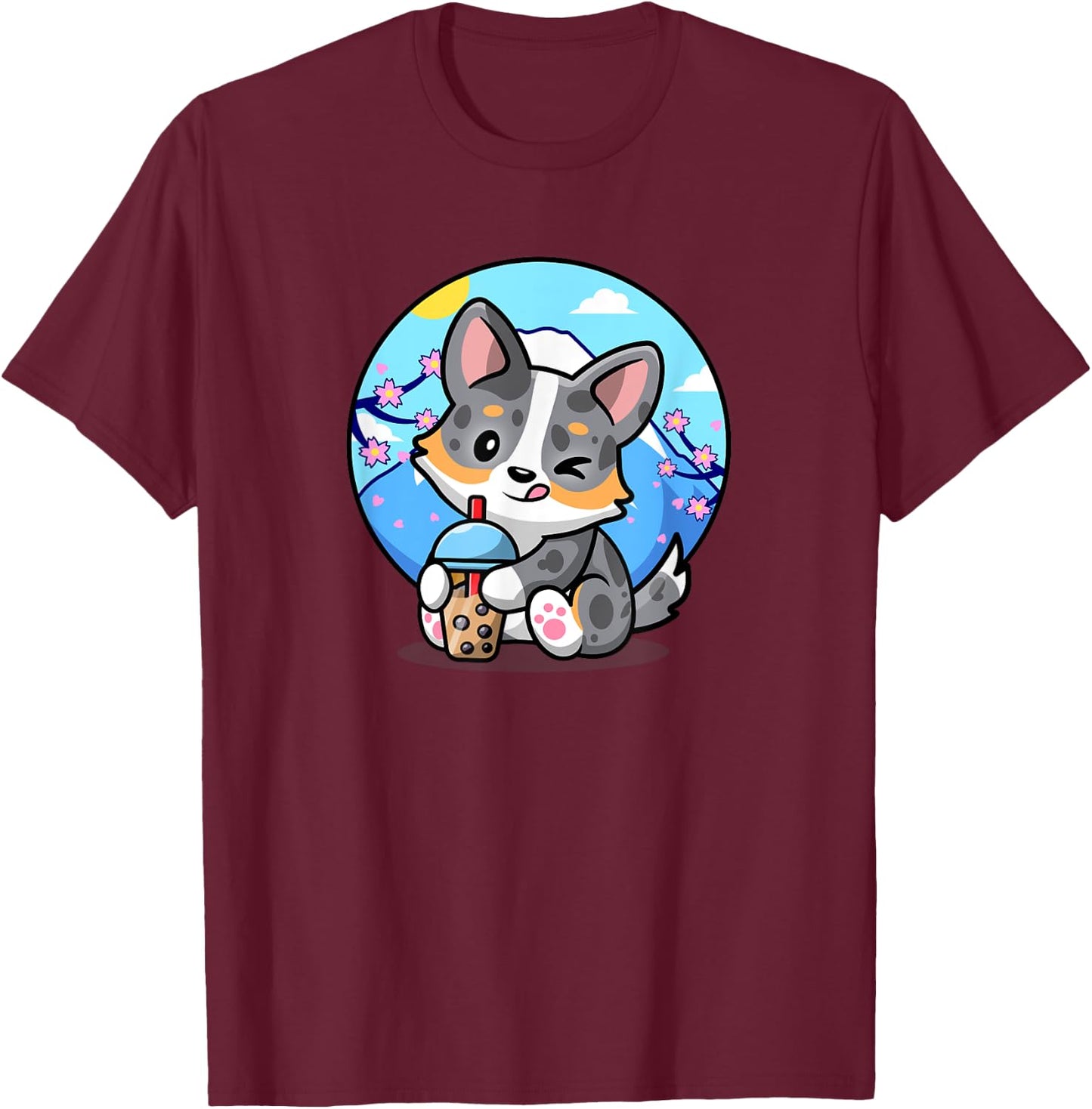 Funny Boba Bubble Tea Cherry Sakura Blue Merle Corgi Lover T-Shirt - T-Shirt | Maroon
