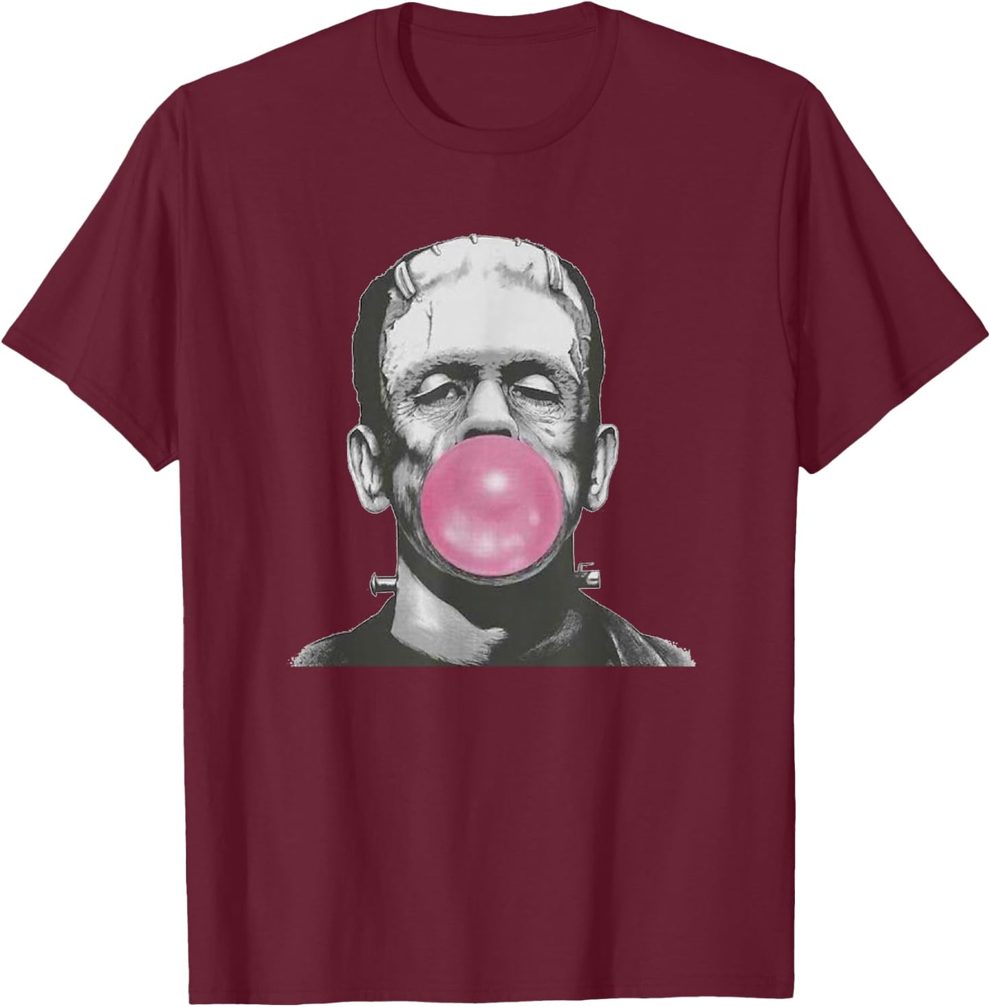 Frankenstein Monster with Pink Bubblegum Bubble T-Shirt - T-Shirt | Maroon