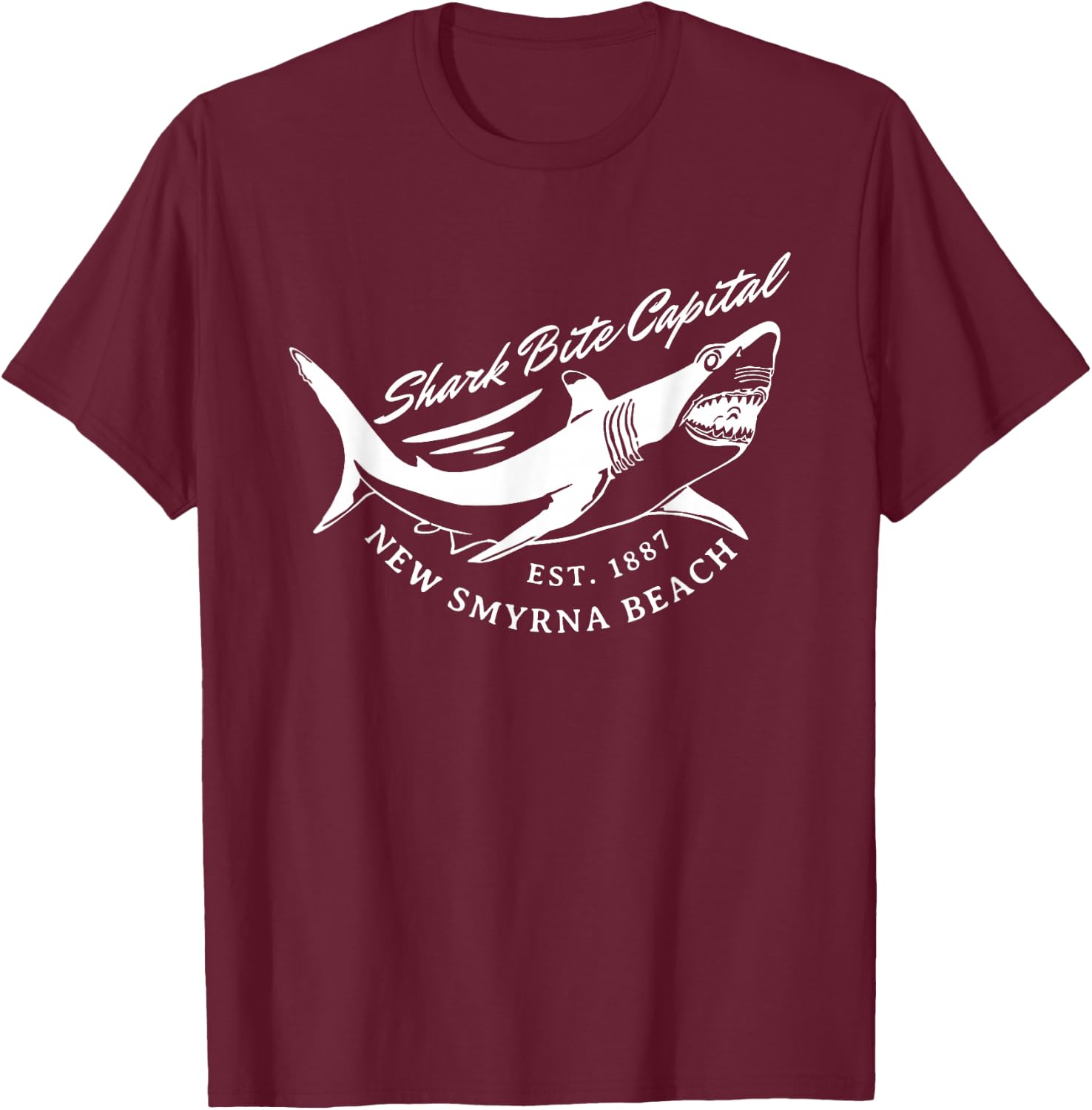 New Smyrna Beach: Shark Bite Capital Of The World Graphic T-Shirt - T-Shirt | Maroon