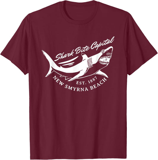 New Smyrna Beach: Shark Bite Capital Of The World Graphic T-Shirt - T-Shirt | Maroon