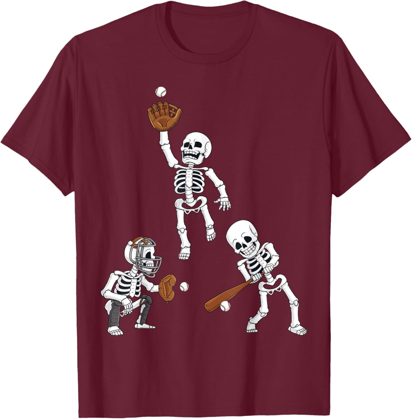 Baseball Halloween Skeletons Hitter Catcher Boys Kids Teen T-Shirt - T-Shirt | Maroon