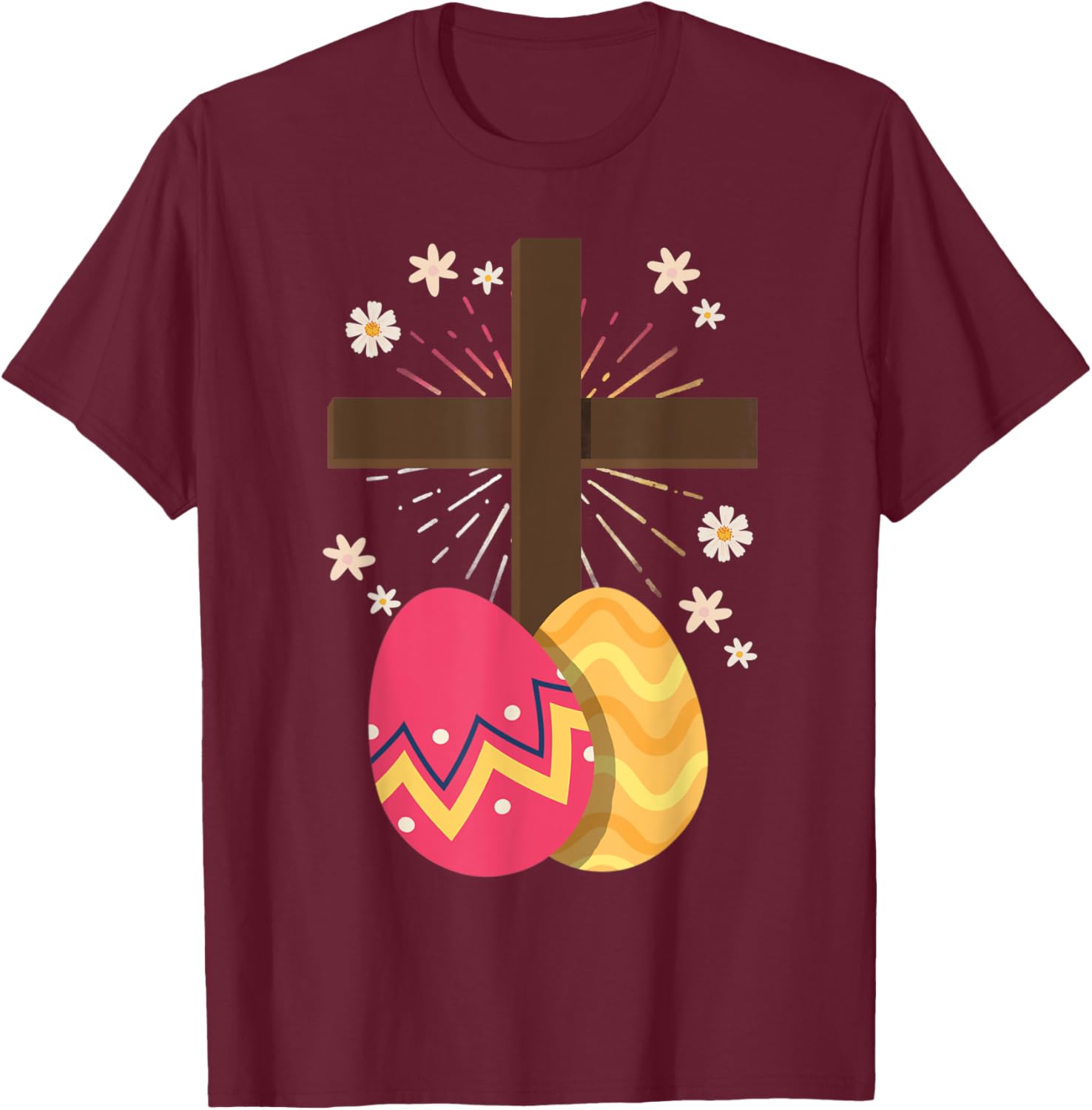 Christianity Cross Jesus Christ Flower Easter Eggs T-Shirt - T-Shirt | Maroon