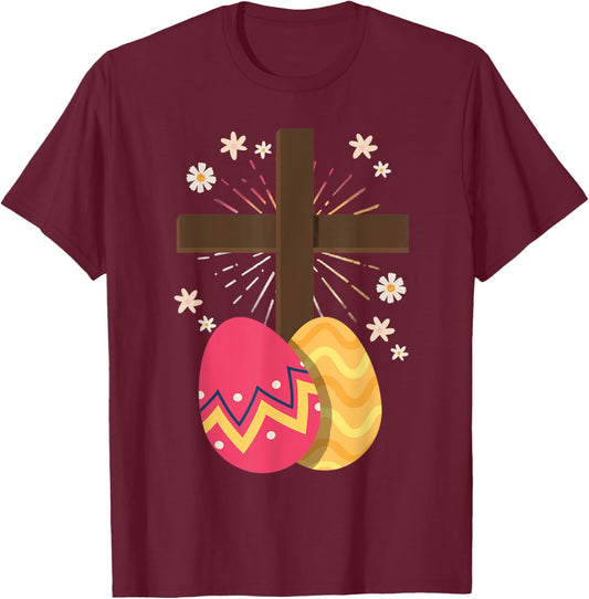 Christianity Cross Jesus Christ Flower Easter Eggs T-Shirt - T-Shirt | Maroon