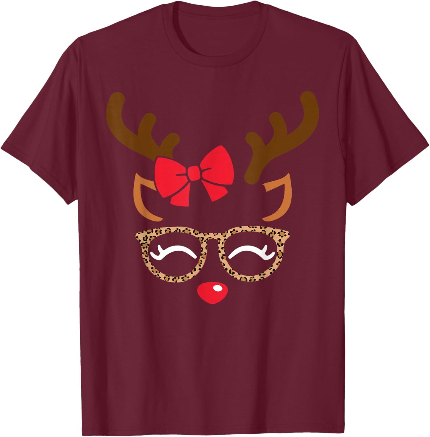 Reindeer Face Bow Leopard Glasses Christmas Girls Pajama T-Shirt - T-Shirt | Maroon
