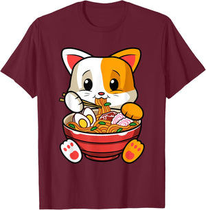 Funny Kawaii Cat Ramen Japanese Anime Animal Lovers Outfit T-Shirt - T-Shirt | Maroon