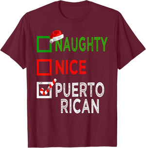 Naughty Nice Puerto Rican Christmas Pajamas Funny Santa Hat T-Shirt - T-Shirt | Maroon