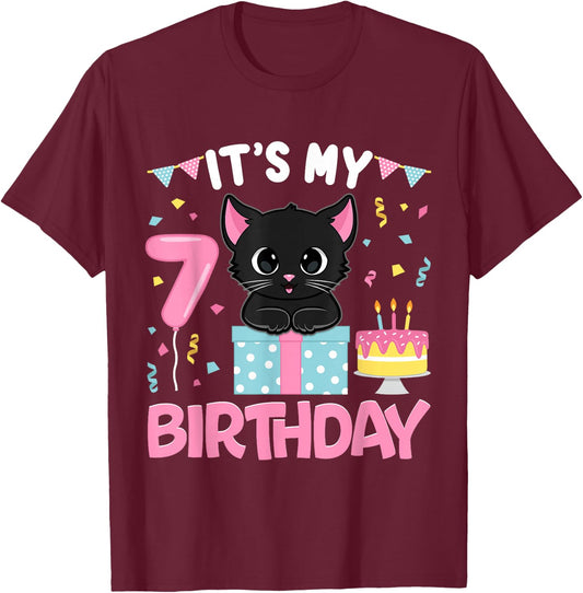 Its My 7th Birthday Girl Cat Birthday 7 Year Old BDay Party T-Shirt - T-Shirt | Maroon