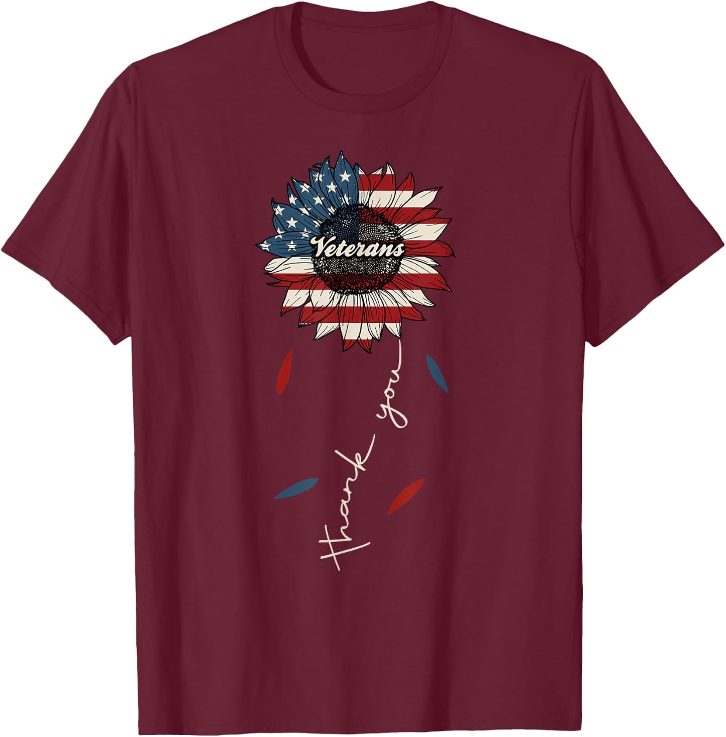 Thank You Veterans Sunflower US America Flag Patriotic Women T-Shirt - T-Shirt | Maroon