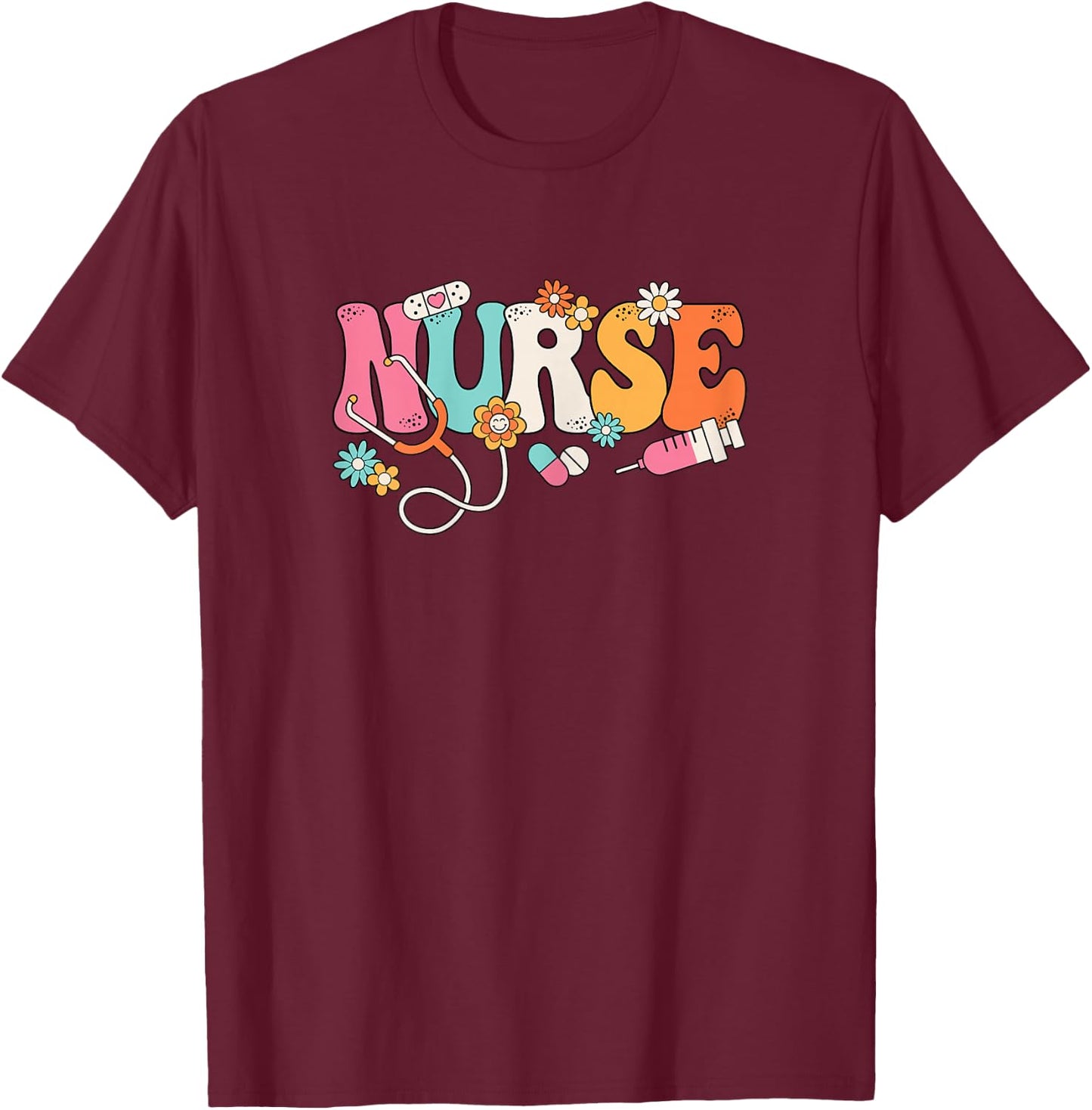 Cute Groovy Nurse Flower Nursing Women T-Shirt - T-Shirt | Maroon