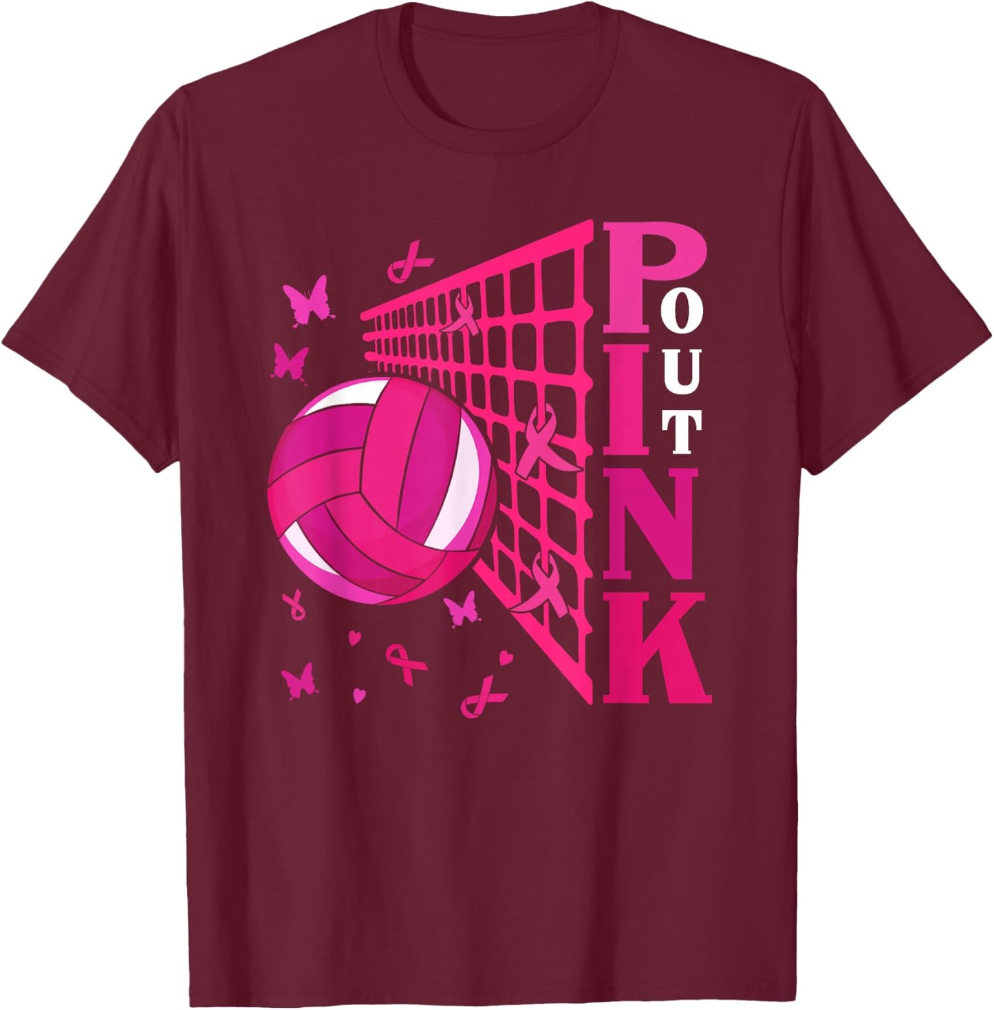 Cute Pink Out Volleyball Breast Cancer Awareness Pink Ribbon T-Shirt - T-Shirt | Maroon