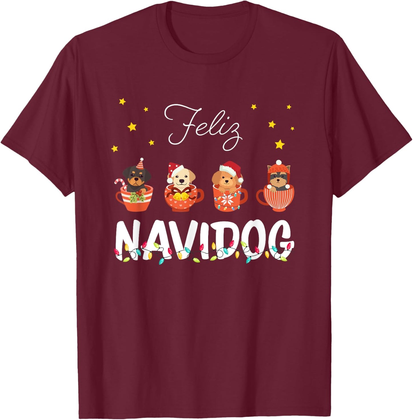 Feliz Navidog Cute Puppy Dogs Feliz Navidad Christmas Men Women Kids T-Shirt - T-Shirt | Maroon